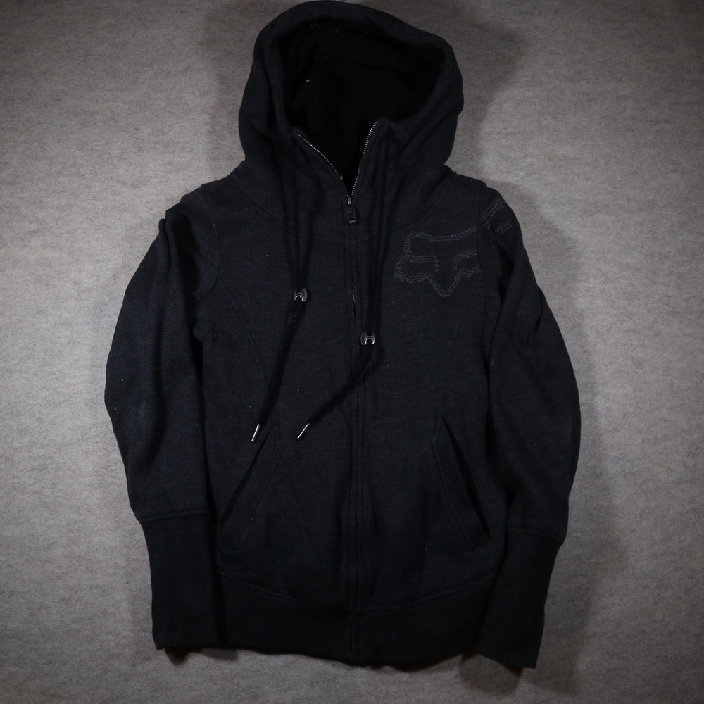 Fox Racing Mens Full Zip Hoodie Small Black Sherpa Lined Y2K Skater Streetwear